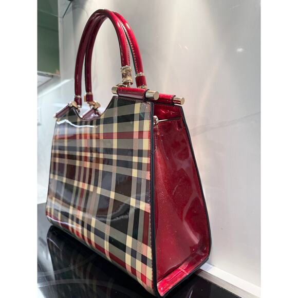 Handbag Shoulder Bag Red Black Beige Plaid Glossy Finish Red Handles0 - Picture 4 of 8